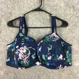 Cacique Bra 42F Lightly Lined Balconette Navy Blue Floral Print Underwire Boning